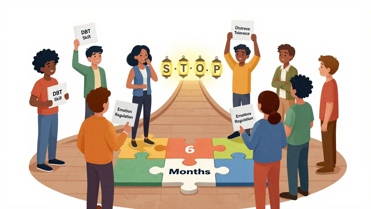 DBTの4つのスキルカードを手にした人々が回復の橋を渡る様子のイラスト。