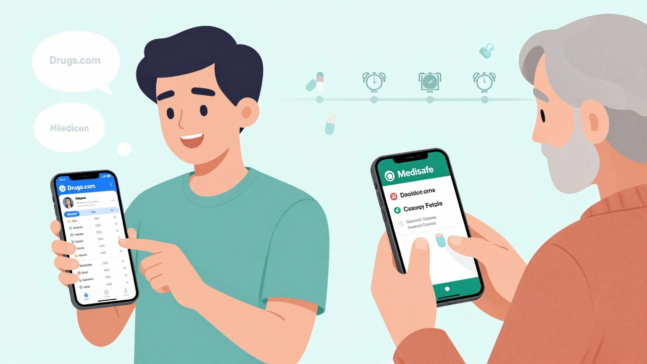 Drugs.comアプリで薬の副作用を確認する若者と、Medisafeで家族と服薬を共有する高齢者の対比シーン。