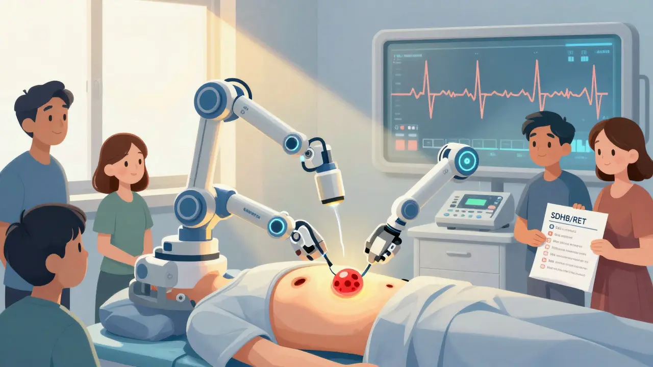 腹腔鏡手術で副腎腫瘍を摘出する様子と、回復に向かう患者と家族を描いたイラスト。