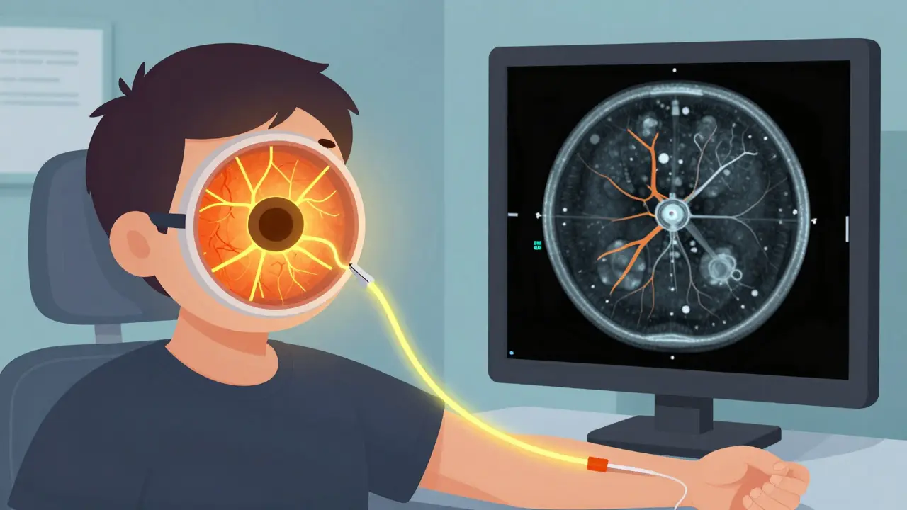 フルオレセイン造影で血管から染料が漏れ、OCTAとの比較が示された医療イラスト。