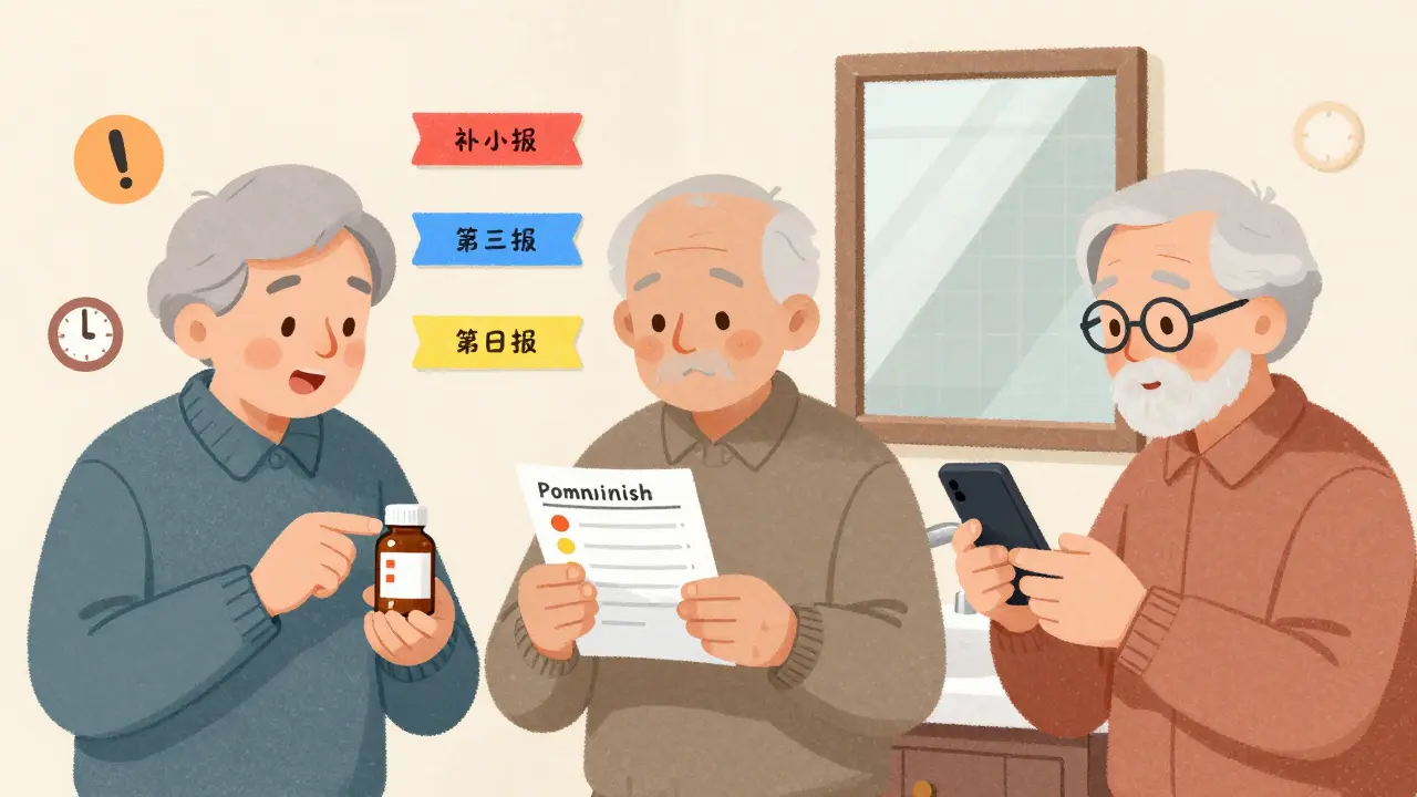 高齢者が3つの方法で薬のラベルを確認する様子：声に出す、チェックリスト、スマホ拡大。