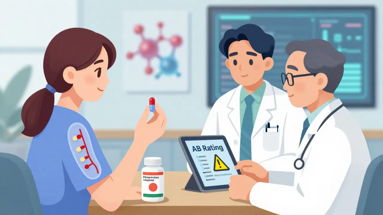 患者がジェネリック薬を服用し、体内での薬物吸収がブランド薬と同等であることを示すイラスト。