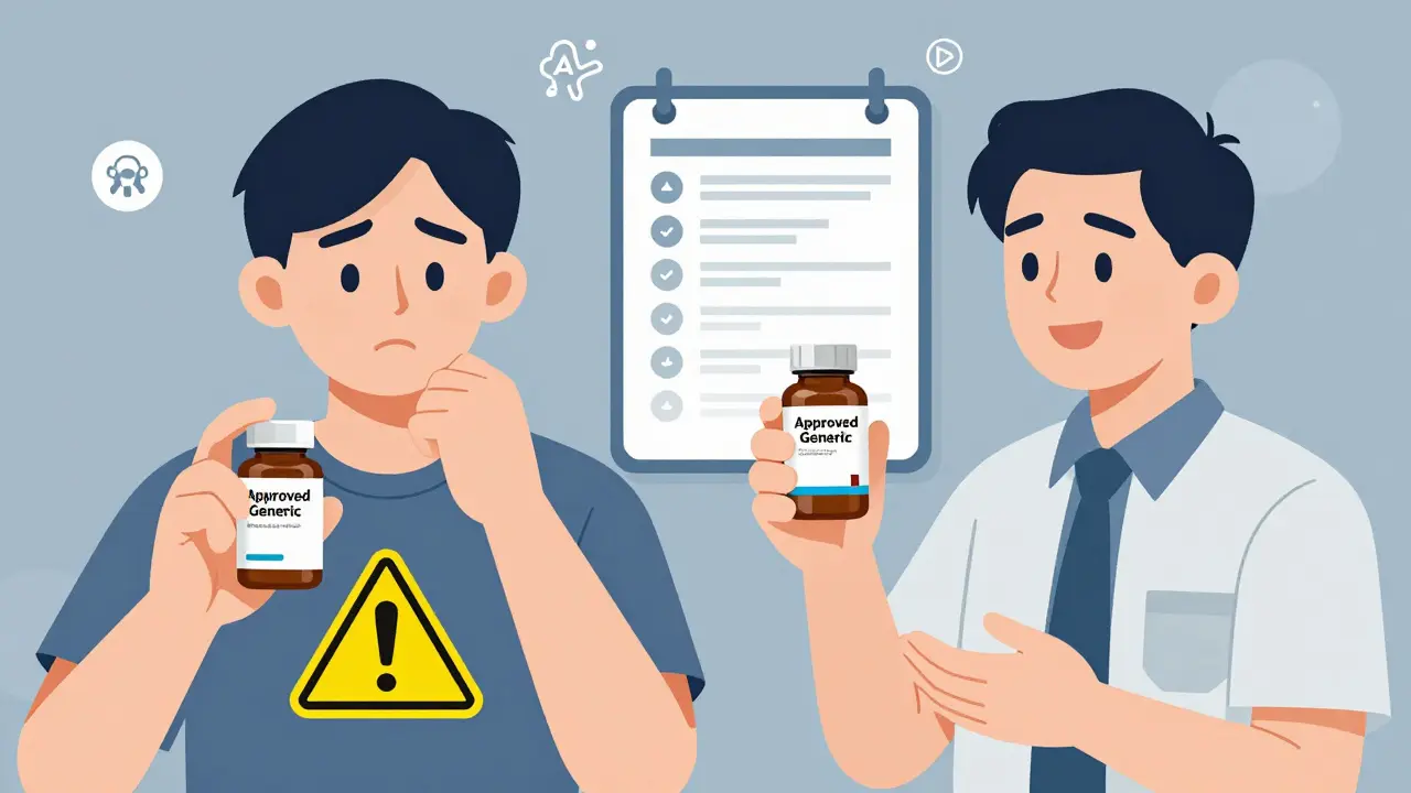 甲状腺薬のジェネリック切り替えで不安から安心へ変わる患者の様子。