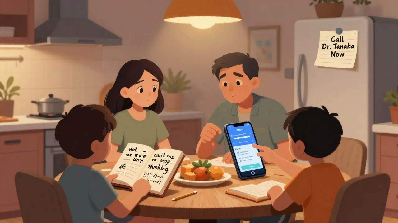 家族が日記とスマートフォンのAI警告を見ながら、安全プランのメモを指差す。