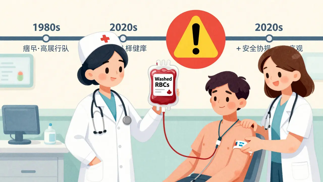 救急室で医療チームが洗浄赤血球を輸血し、患者の医療アラートブレスレットが見える様子。