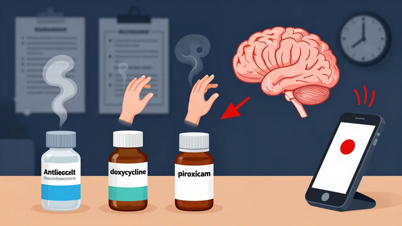 抗うつ薬や抗生物質の薬瓶から脳に伸びる警告の煙と鳴る電話。