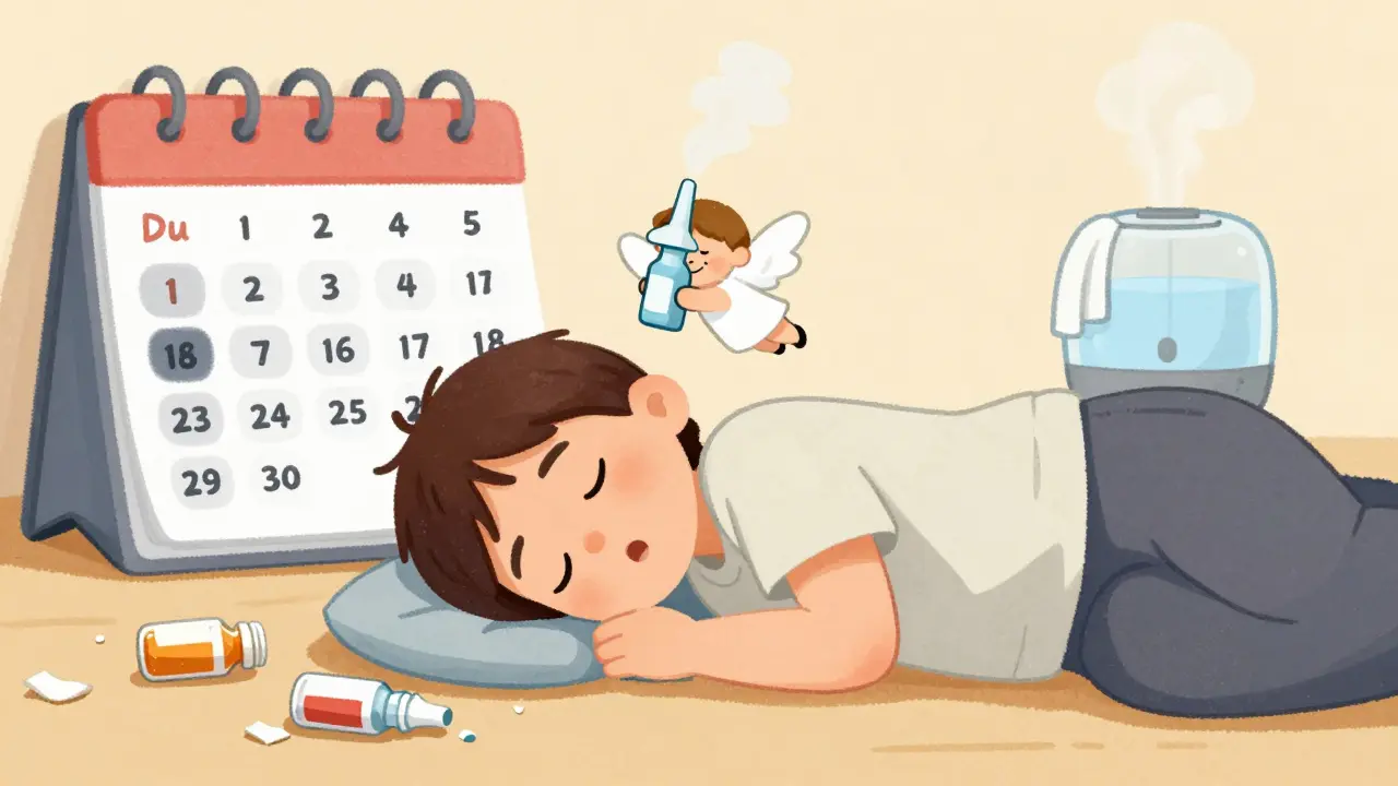 コルチコステロイド鼻スプレーが守るように浮かび、詰まりが解消された人の睡眠シーン