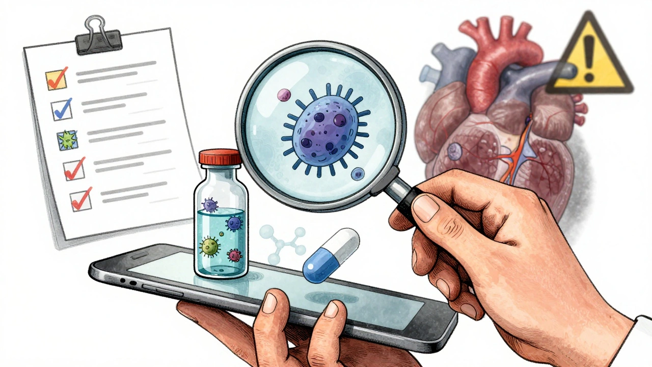 拡大鏡で薬の内部劣化が見えるイラスト、心臓発作と肺炎の影が背景に浮かぶ。