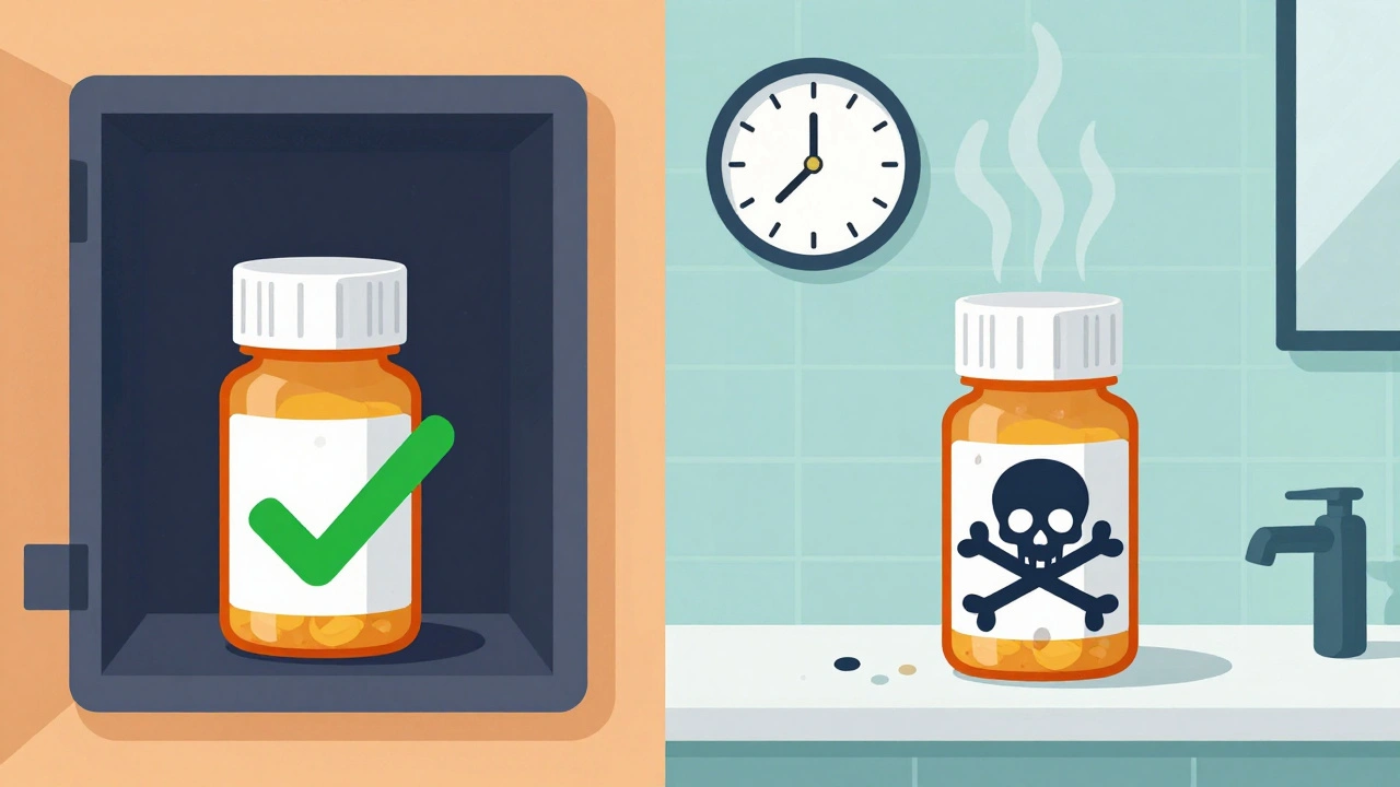 冷暗所に保管された薬と湿気の多い浴室の薬を比較するイラスト、1年経過の時計が表示。