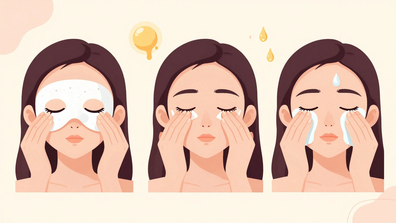 まぶたのマッサージと洗浄の3ステップをイラストで示した様子。