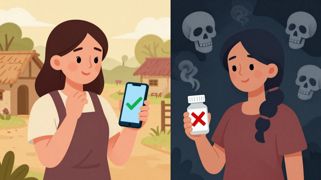 母親がスマホで偽薬を検証して安心する様子と、偽薬で苦しむ姿の対比。