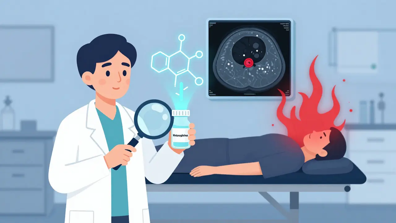 尿検査でメタネフリンを検出する医師と、副腎腫瘍のCT画像を示す医療イラスト。