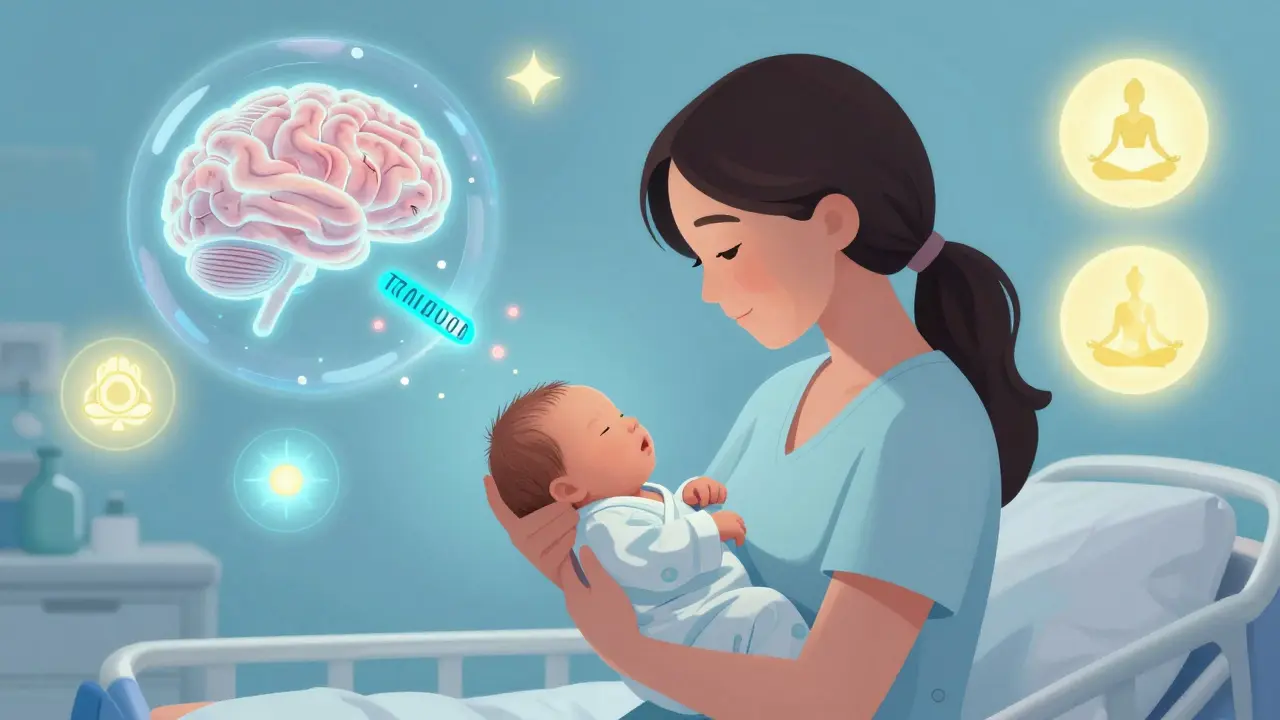 NICUで新生児を抱く母親と、薬以外の治療法の象徴的イメージ。