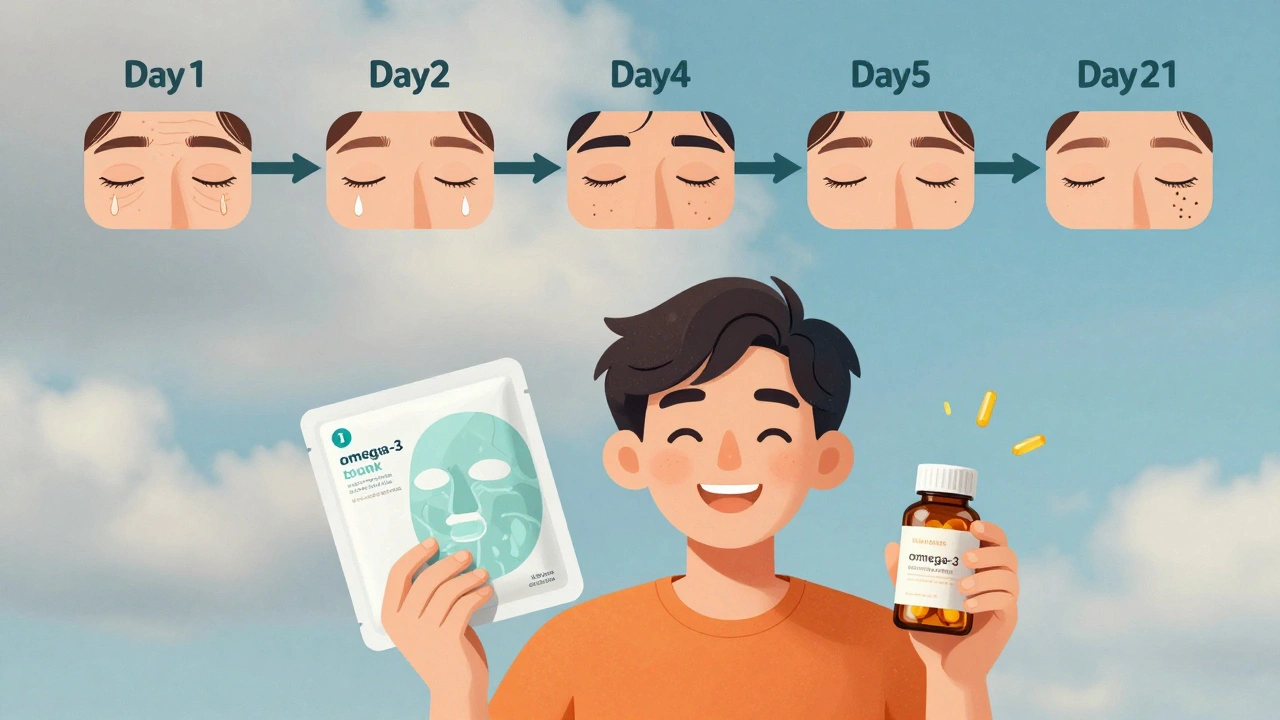 オメガ3サプリと温罨法で改善するまぶたの変化を時間軸で表現。