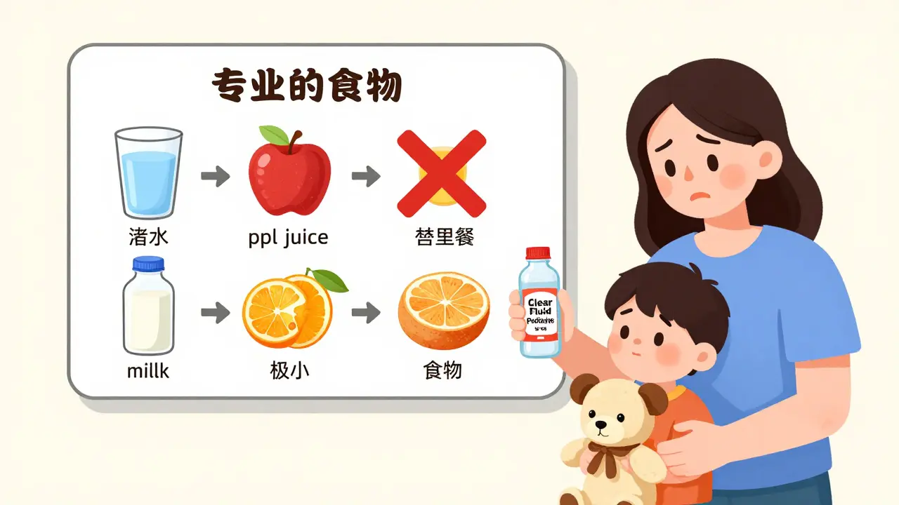 親が子どもに許可された飲み物と禁止された食べ物を説明している様子。