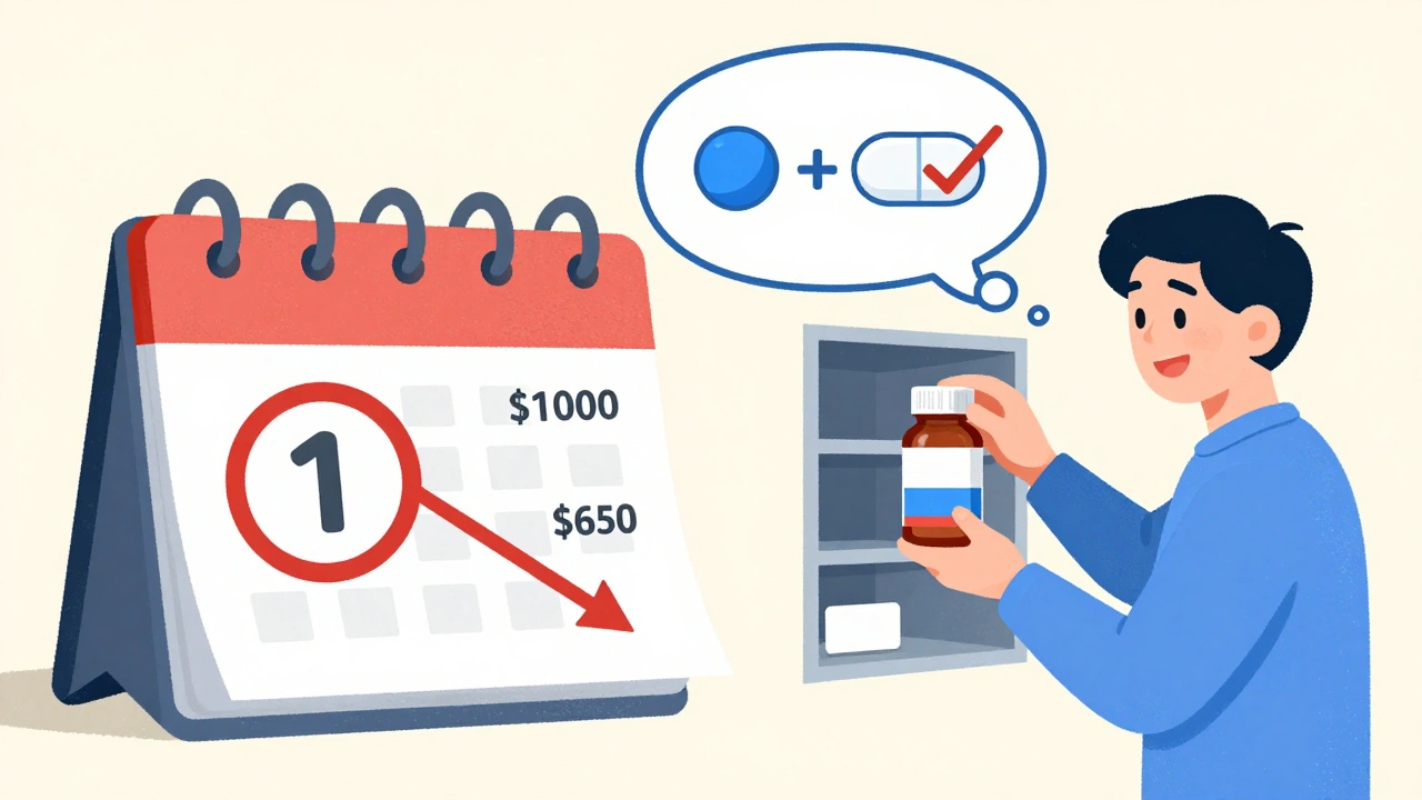 認可ジェネリックに切り替えた後の薬の価格が下がる様子をグラフで示し、患者が安心して薬を収納している。