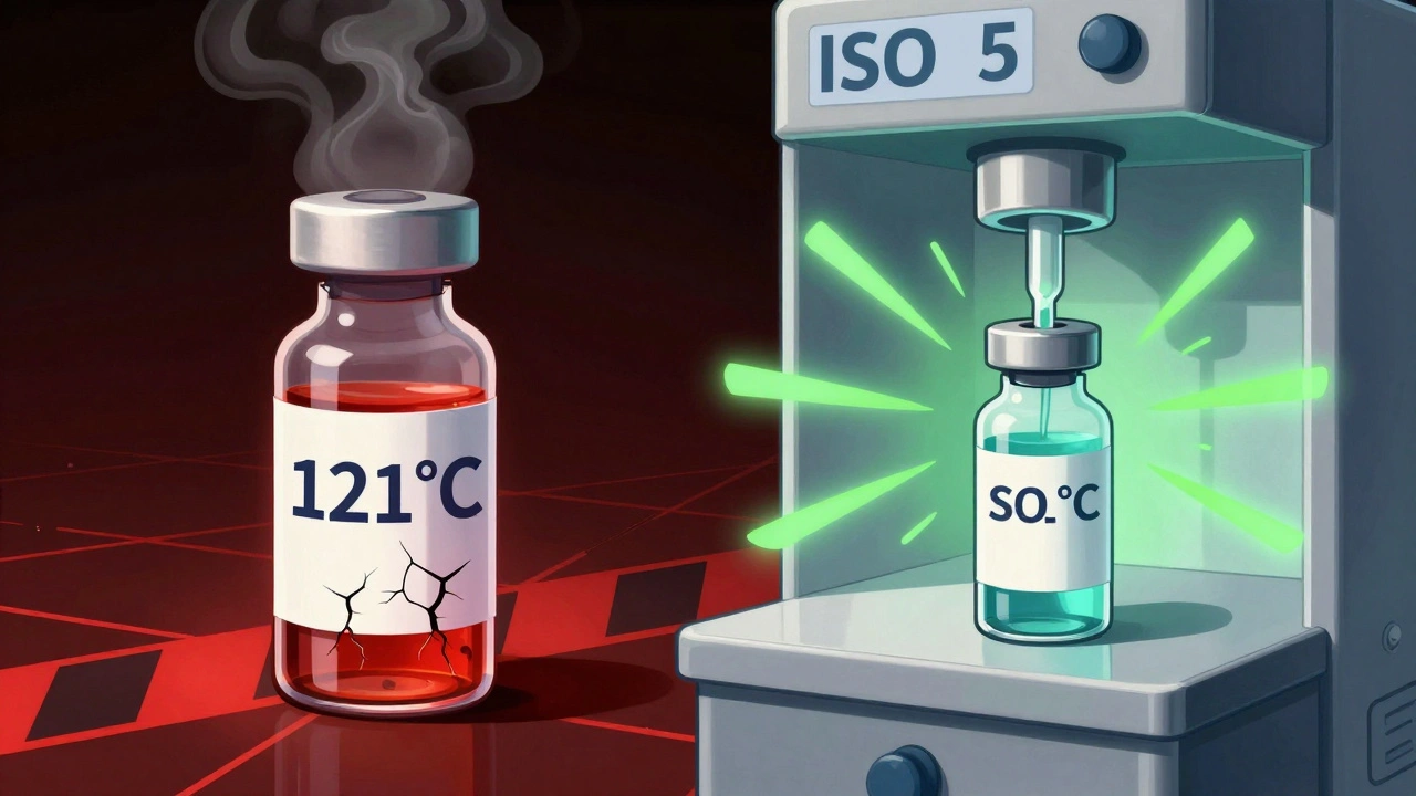 熱による薬品変性と無菌充填の対比図。