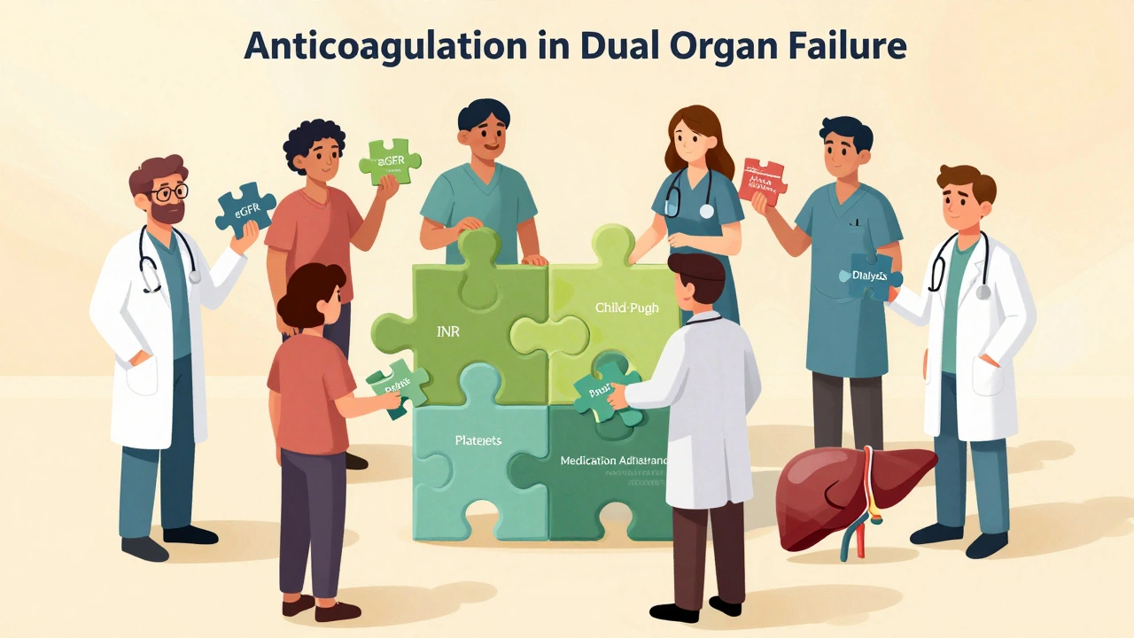 腎臓科、肝臓科、心臓科の医師が患者の抗凝固療法の課題を協議するイラスト