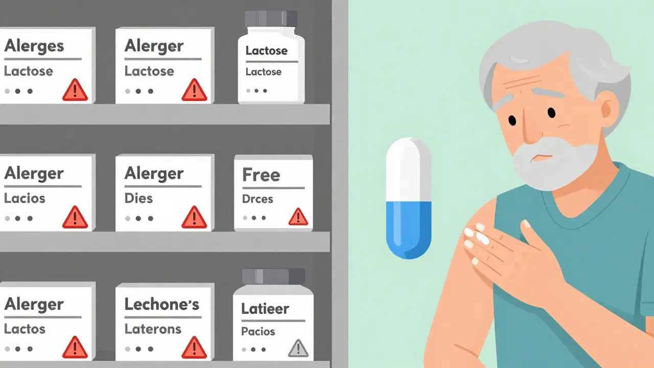 市販薬のアレルゲンとカスタム薬の無添加設計の対比。