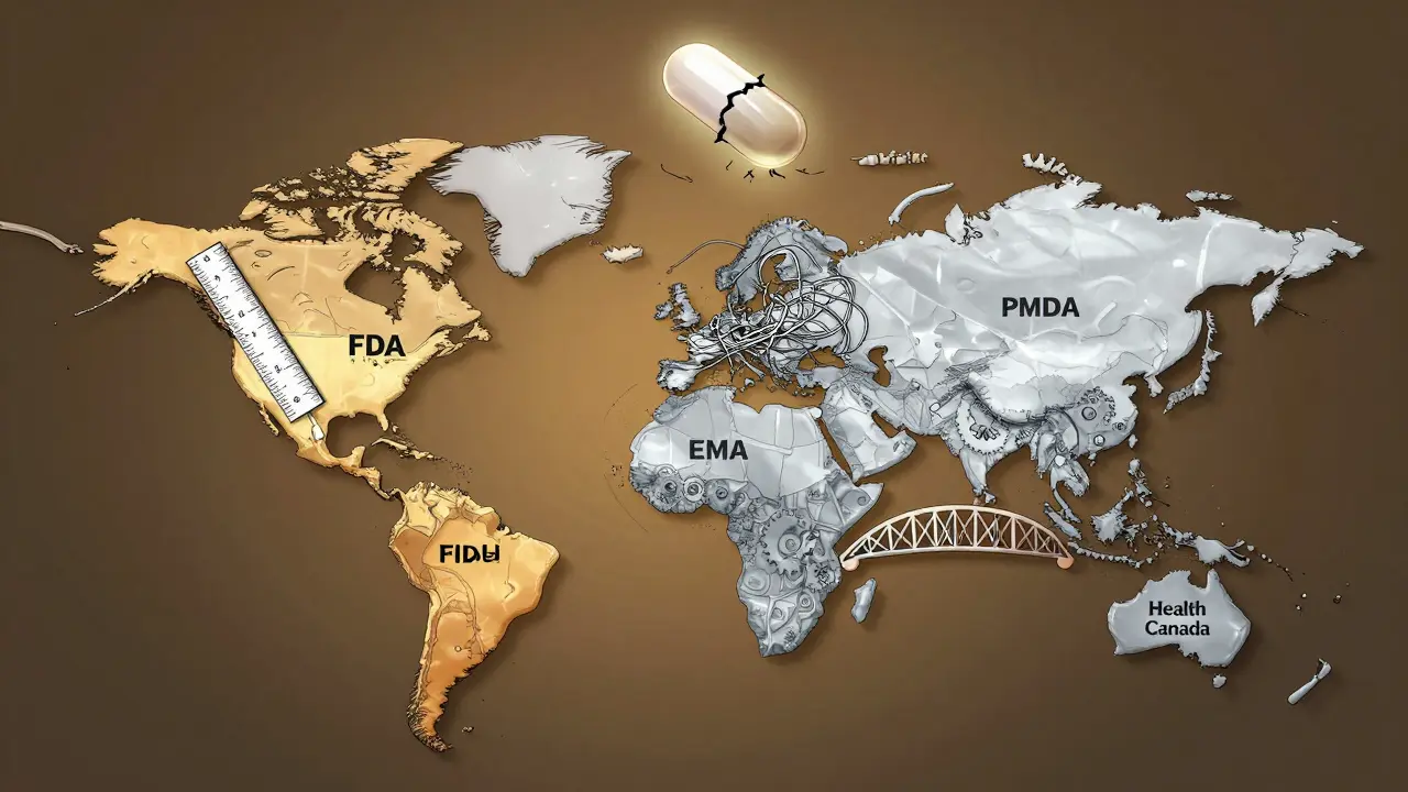 世界地図に米国、欧州、日本、カナダの異なる規制アプローチが視覚化され、薬の安全性が懸念されている。