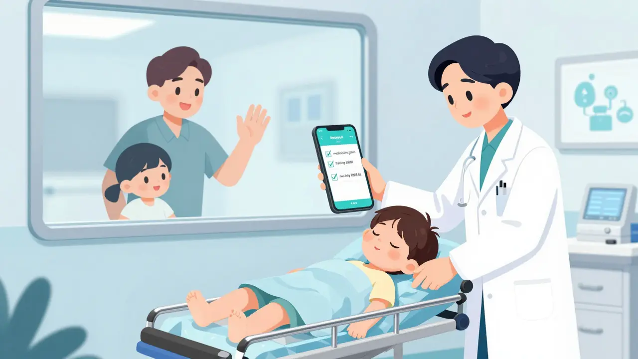 手術室へ向かう子どもと、ガラス越しに見送る親の様子。