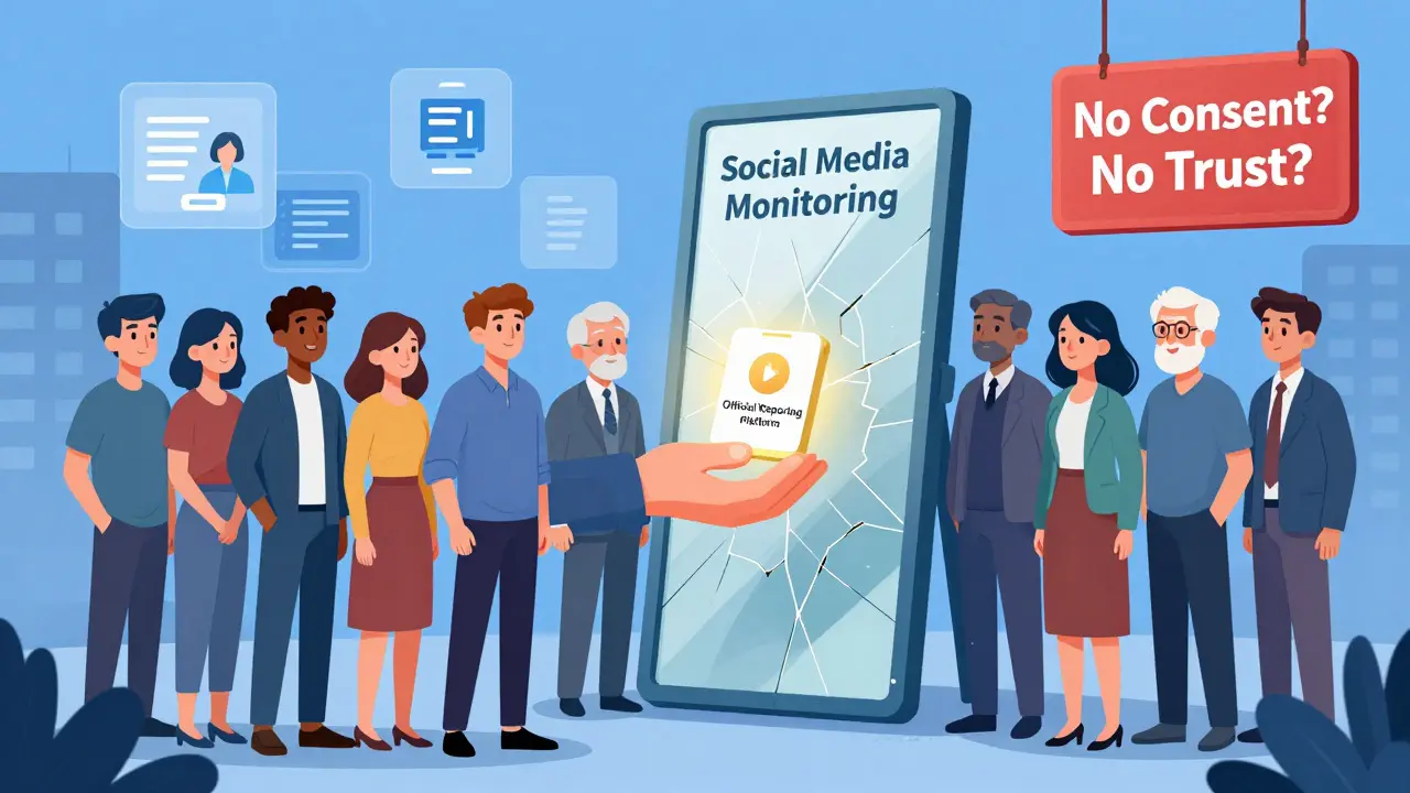 ソーシャルメディア監視の不平等。若者だけが反映され、高齢者は鏡に映らない。信頼と倫理の問題を象徴する光のアプリが手に差し出される。