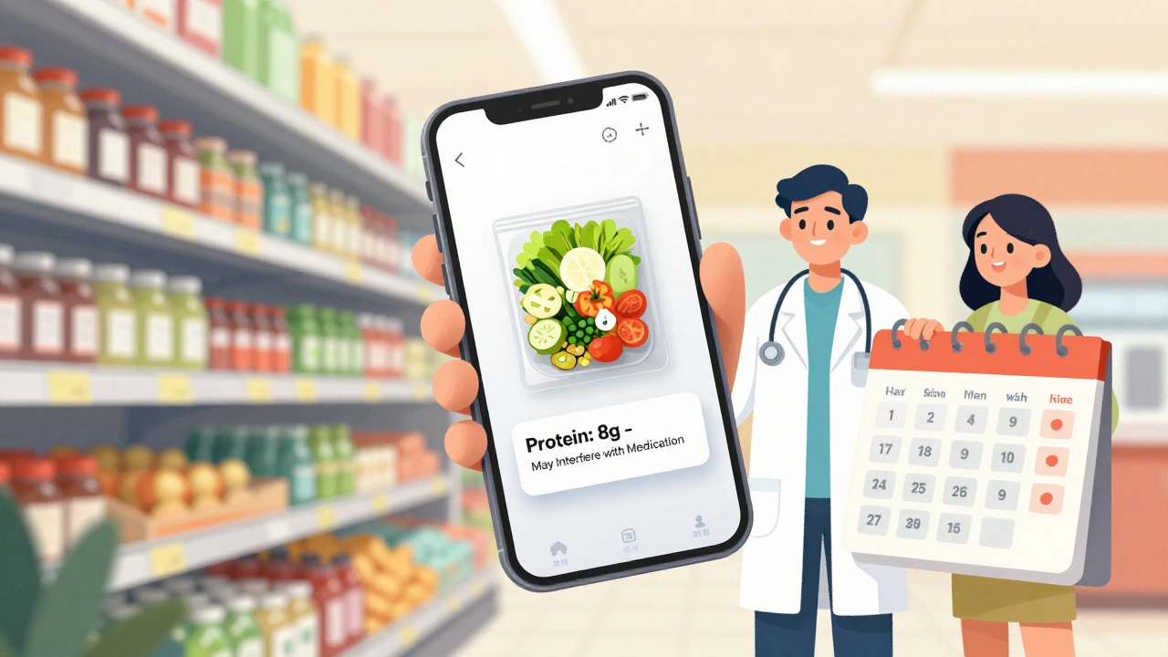 スマートフォンアプリで食品のたんぱく質量をチェックする患者の様子。