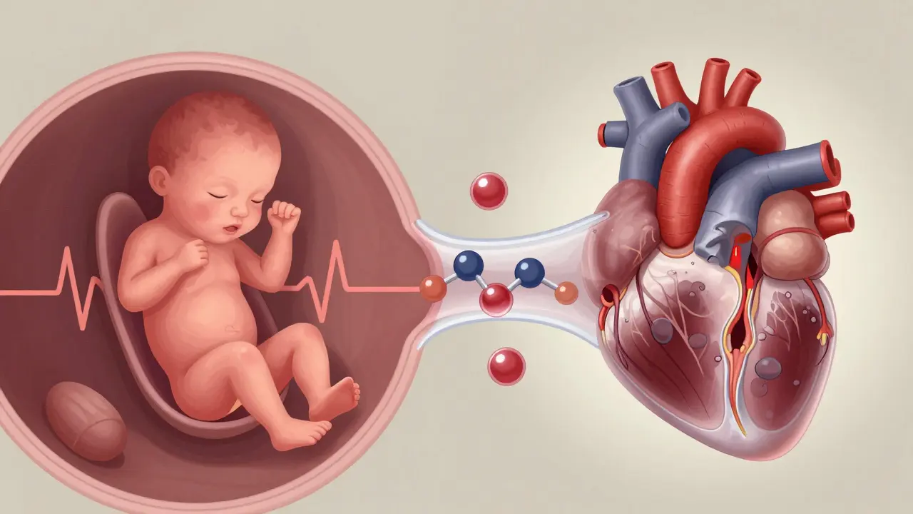 胎児の正常な心臓とガバペンチンによる心臓異常の比較図。