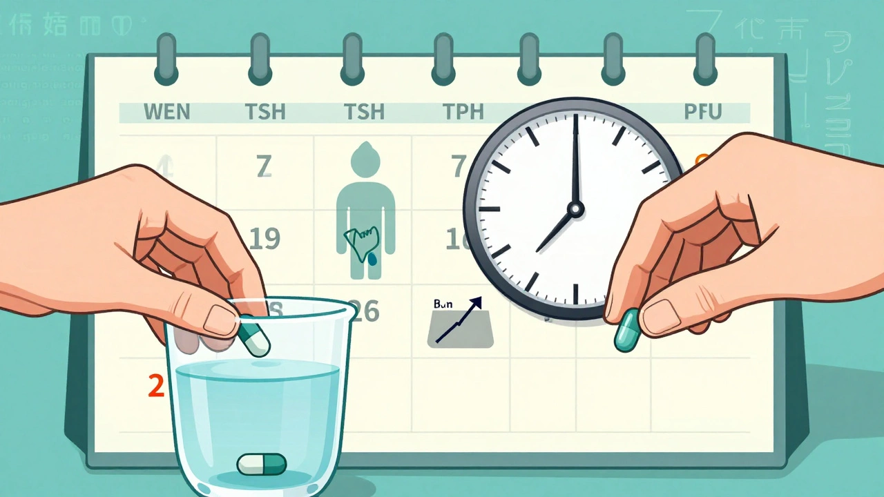 TSH検査の頻度とPPIの持続効果をカレンダーと時計で表現。液体薬の効果が固体薬と対比される。