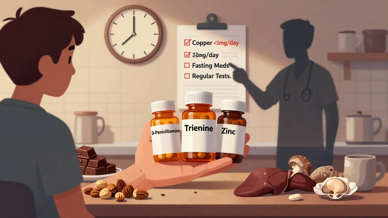 ウィルソン病の患者が食事制限と薬の服用スケジュールに苦労する日常を描いたイラスト。