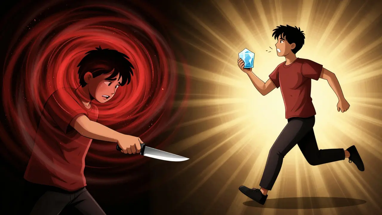 危機の瞬間とTIPPスキルで感情を落ち着ける様子を対比したイラスト。