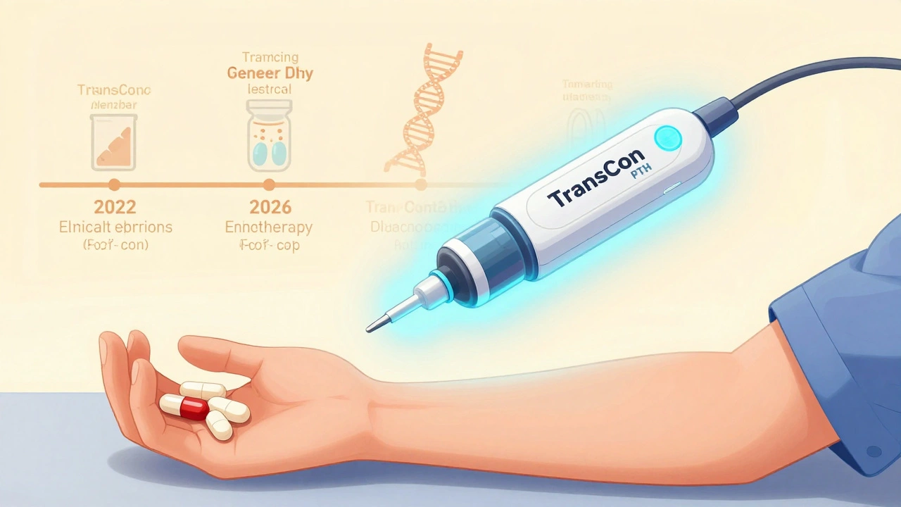 未来の長時間作用型PTH注射デバイスが光り、従来の治療薬が薄れる様子を描いた科学的イラスト。