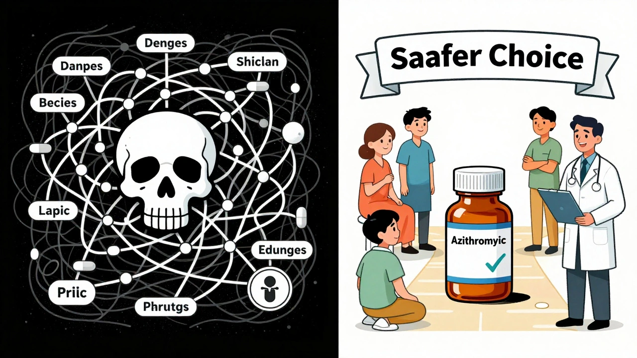 危険な薬の組み合わせと安全な代替薬アズithromycinの対比図。