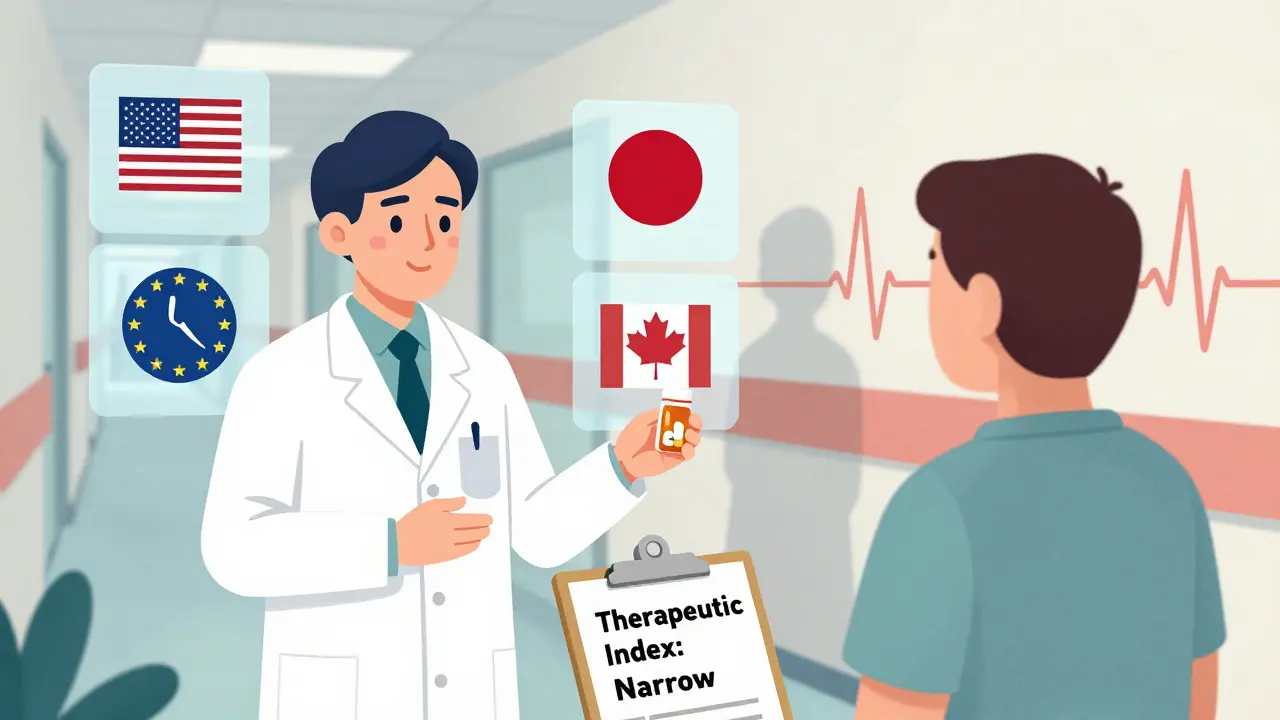 薬剤師が患者にジェネリックを渡す様子。背景には各国の規制シンボルが浮かび、患者の心電図が不安定に揺れている。