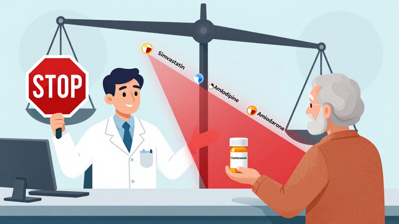 薬剤師が危険な薬の処方を止める様子、複数の薬が危険なバランスを取っている。