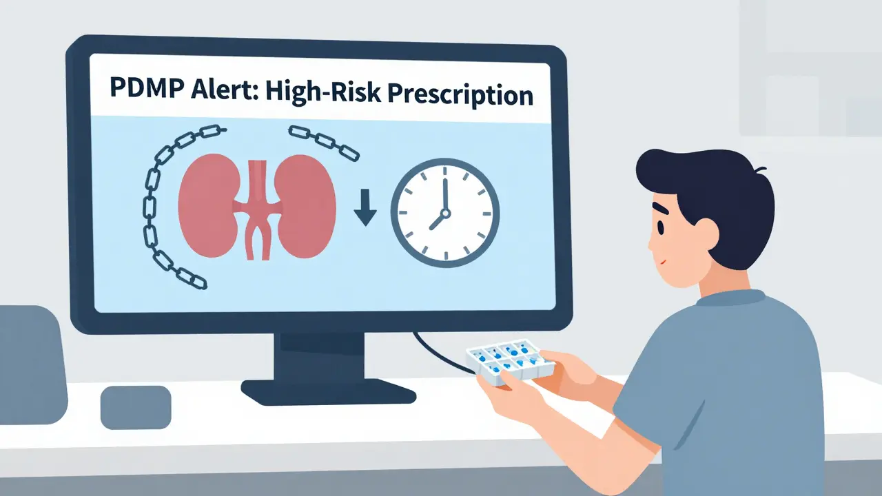 薬剤師が7日分の薬手帳を渡し、処方監視システムと減量のカレンダーが背景に見える。