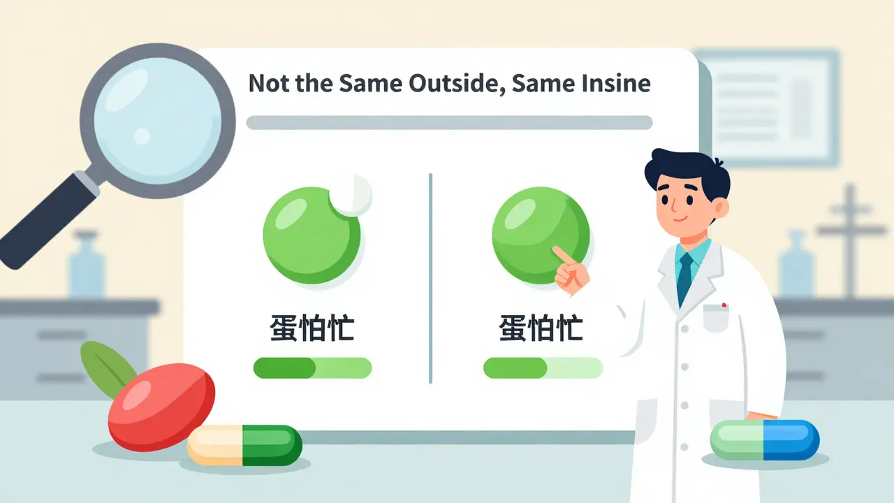 薬剤師がジェネリックとブランドの有効成分の一致を説明している。