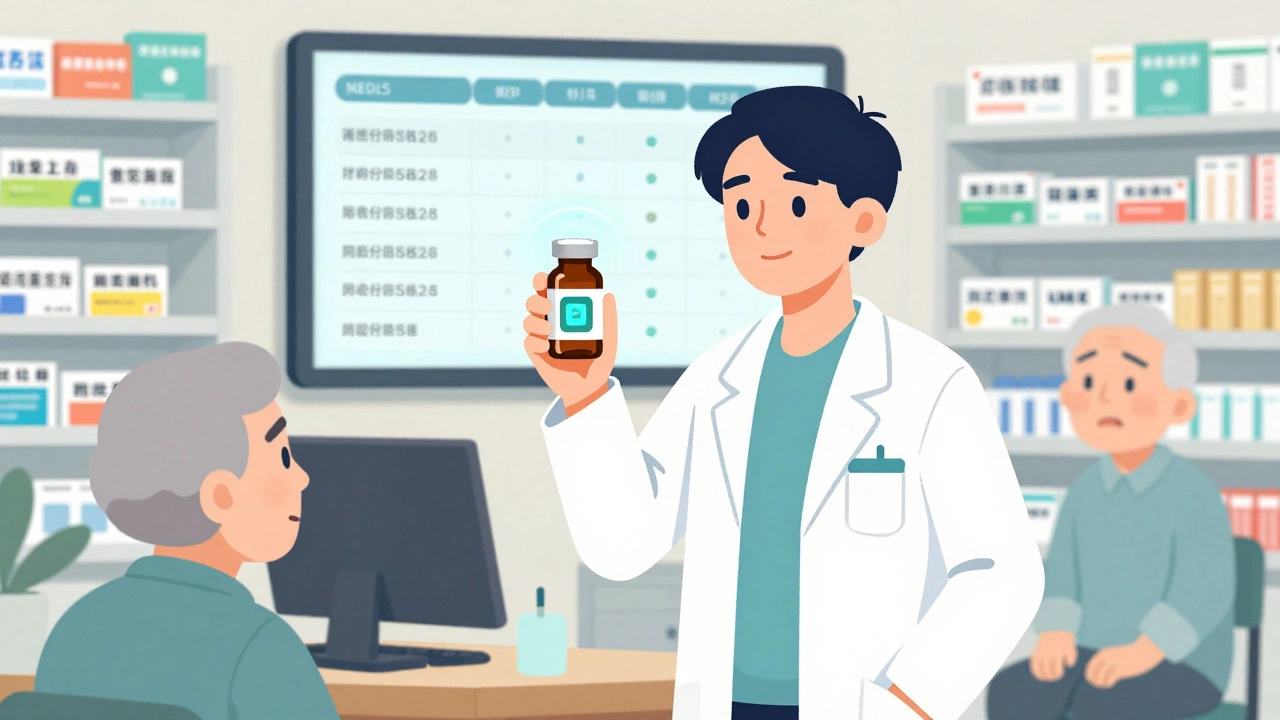 薬剤師がスマート薬瓶のセンサーを手に持ち、患者の服薬データがモニターに表示されている。