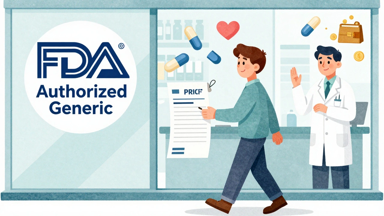 薬のレシートに減った金額が表示され、FDAの認可ロゴと医師・薬剤師の確認の姿が描かれたシーン。