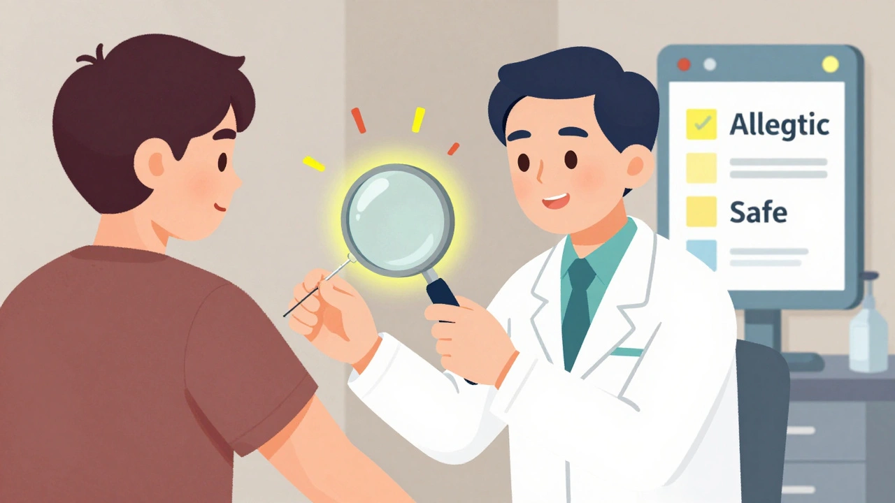 医師が皮膚テストでペニシリンアレルギーではないことを確認する様子。