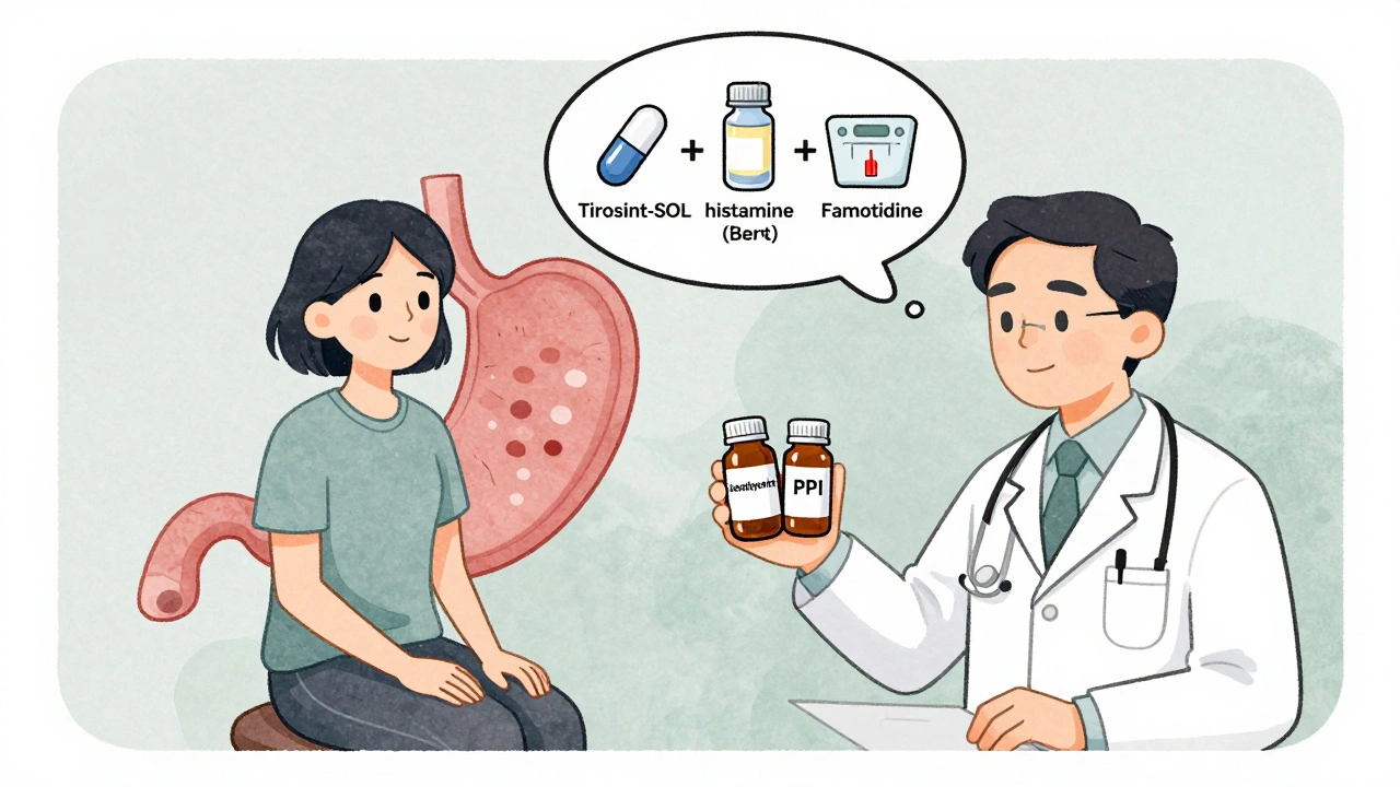 医師と患者が甲状腺薬の代替療法を相談するシーン。液体薬、H2ブロッカー、用量調整の選択肢を視覚化。