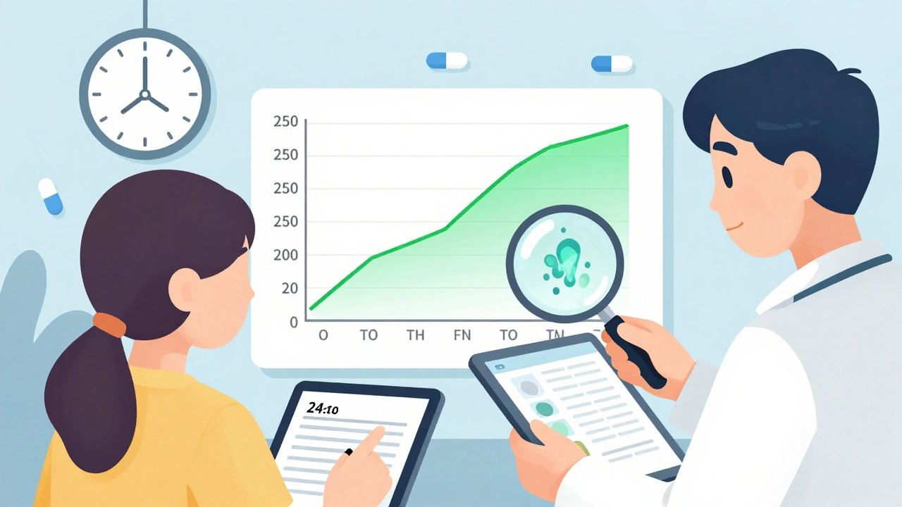 医師と患者が尿中カルシウム値のグラフを確認し、腎臓を守る目標値が強調された医療イラスト。
