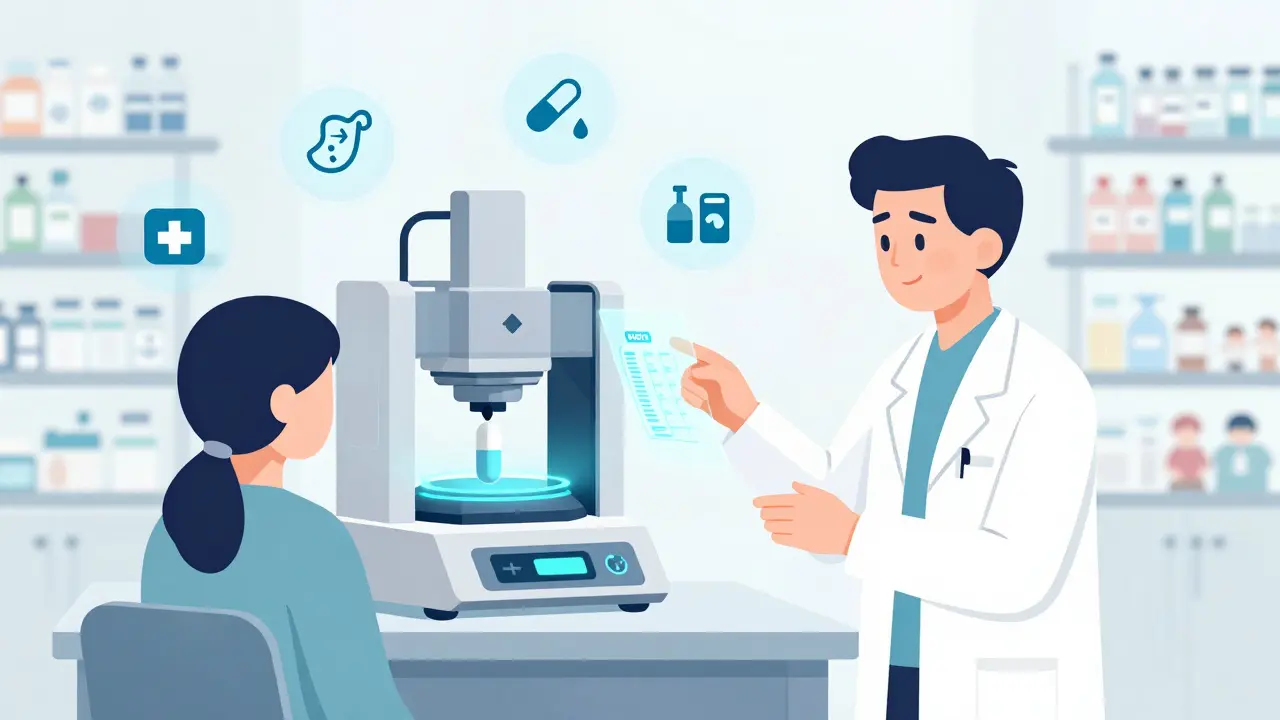 遺伝子情報に基づいてカスタム薬を生成する未来の調合薬局。