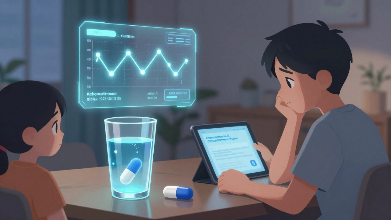 飲み込むセンサーとジェネリック薬の横に、AIが服薬リスクを予測するホログラムが浮かんでいる。