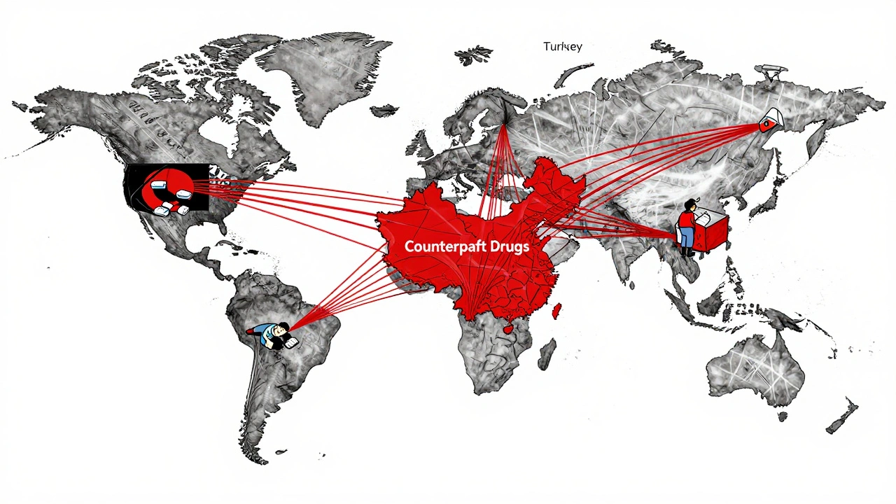 中国からアフリカへと広がる偽薬の全球流通ネットワークを象徴する糸の網。