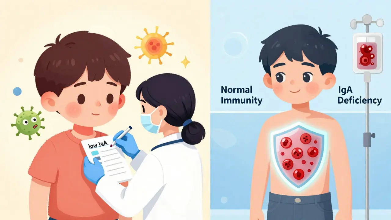 子供の耳感染とIgA欠損の血液検査、そして後の洗浄赤血球輸血を対比で描いたイラスト。