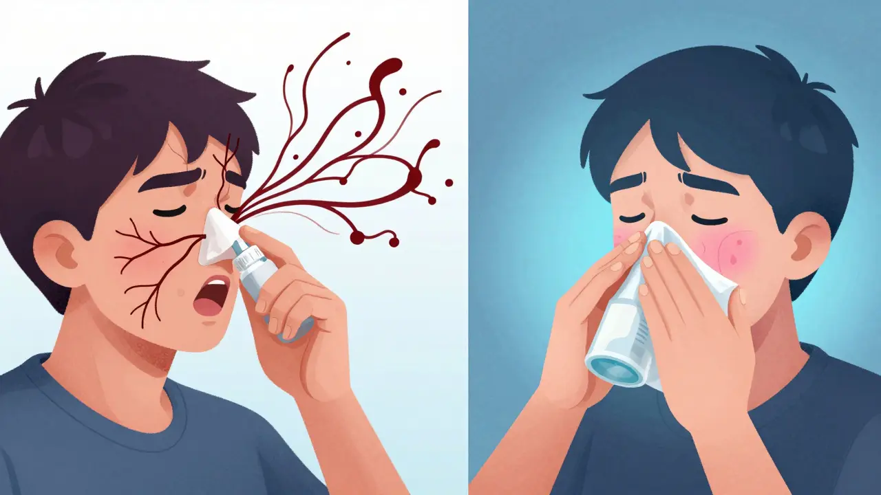 左は薬で悪化する鼻、右は生理食塩水で回復する鼻、対比的なイラスト