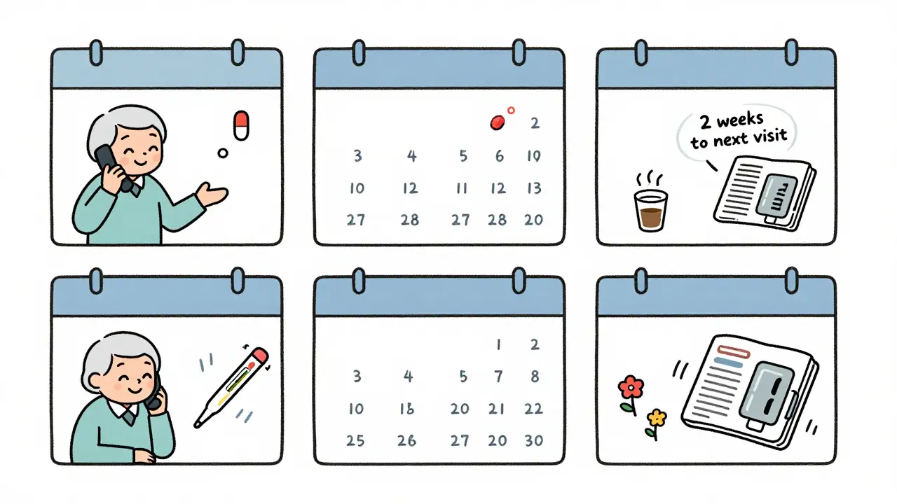 4週間にわたって薬を段階的に減らす様子をカレンダーで示し、医師との連携を表現。