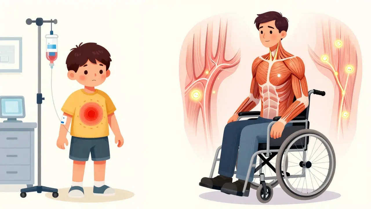 川崎病の子供とCIDPの成人がIVIG治療で回復する様子を対比で表現。