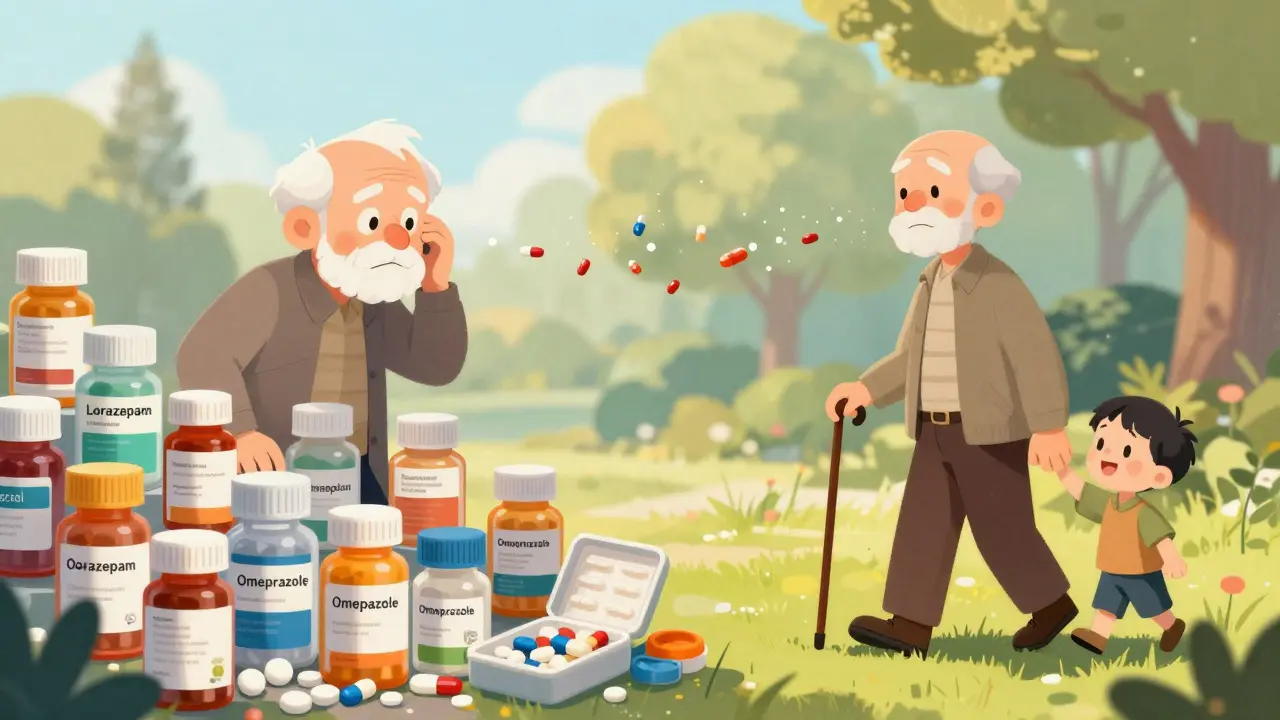 大量の薬瓶と、公園で孫と散歩する姿の対比。薬が減り、生活が豊かになる様子を描く。